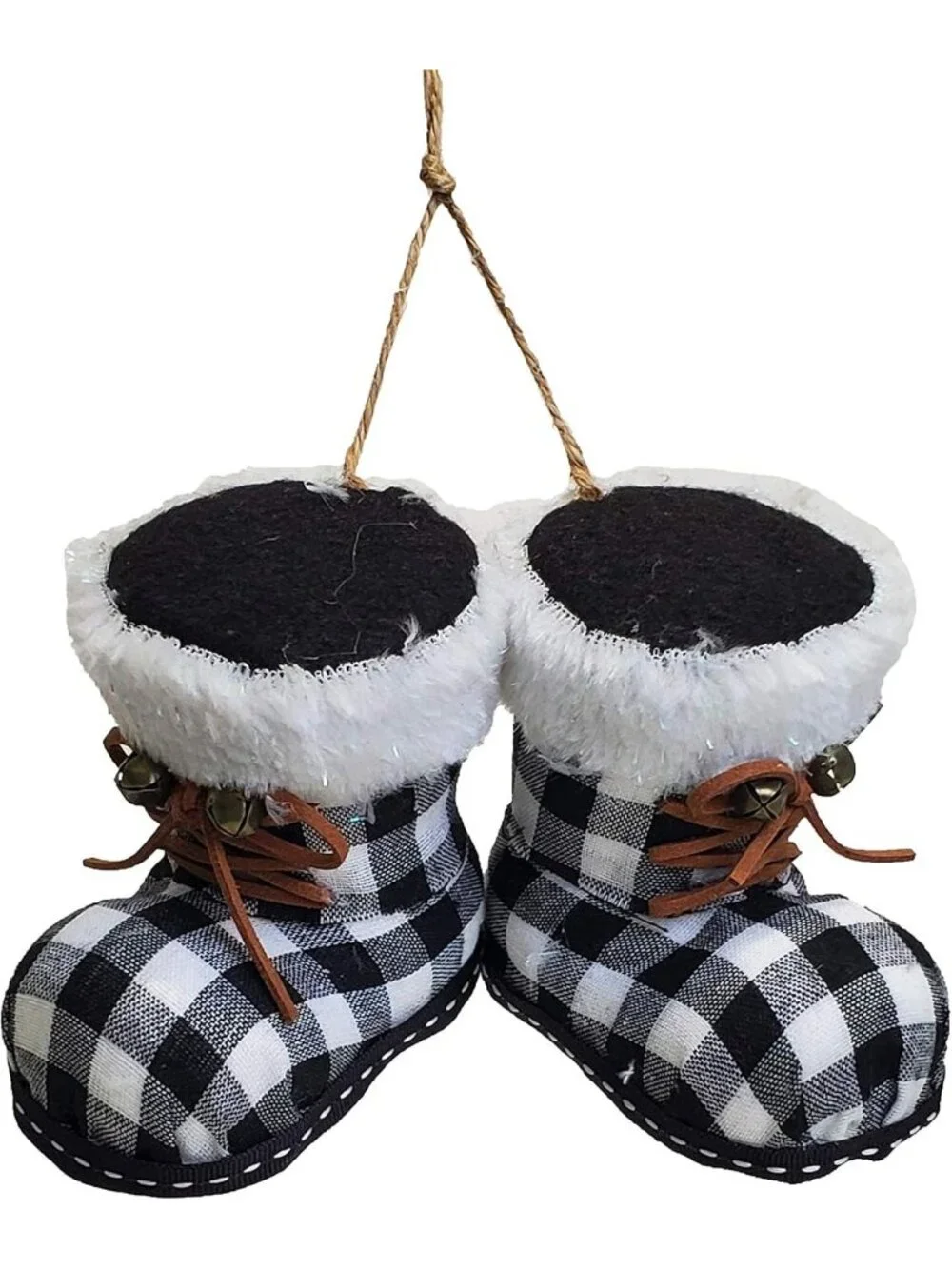 Christmas Holiday Santa Boots Ornament Buffalo Plaid Check Faux Fur Trim Bells